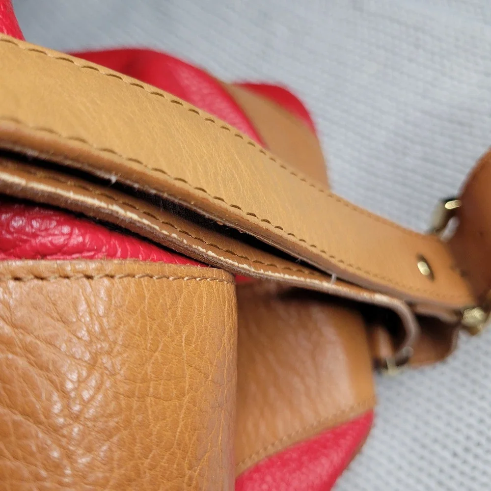 Valentina Red Pebbled Leather Hobo Shoulder Bag Tan Gold Hardware Italian READ